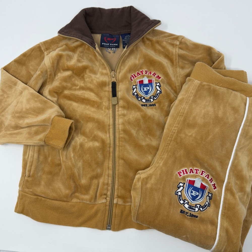 Phat Farm Vintage Kids Tan Velour Track Suit Set Jacket Pants Size 3T